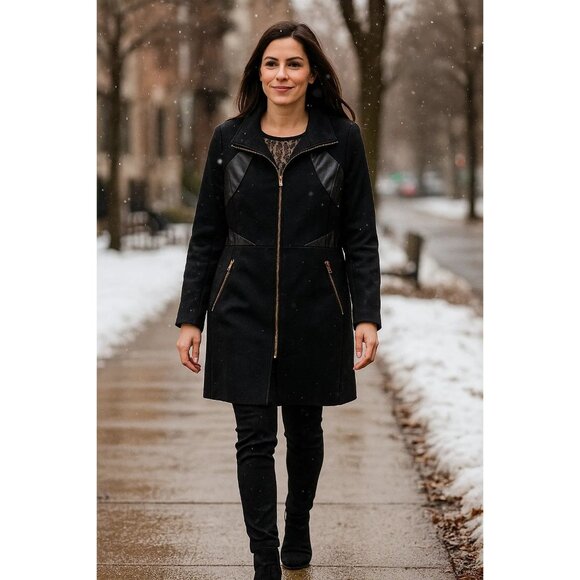 Via Spiga Black Wool Coat With Gold Full Zip & Leather Trim Inserts - Picture 1 of 13